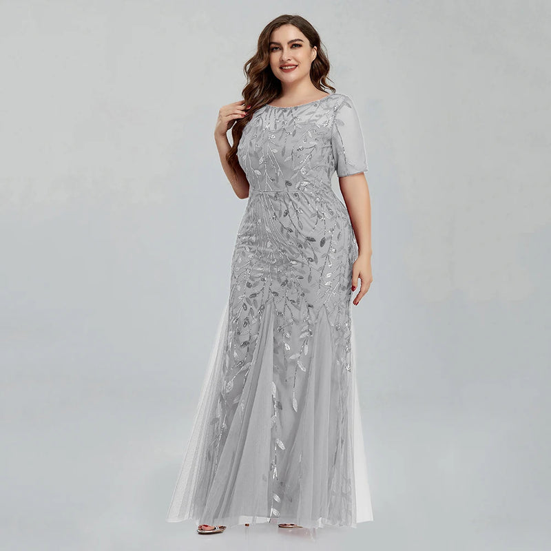 Women Plus Size Sequin Mesh Embroidery Mermaid  Evening Dress Formal Short Sleeve Elegant Party Prom Gowns 2020 New Long Dress