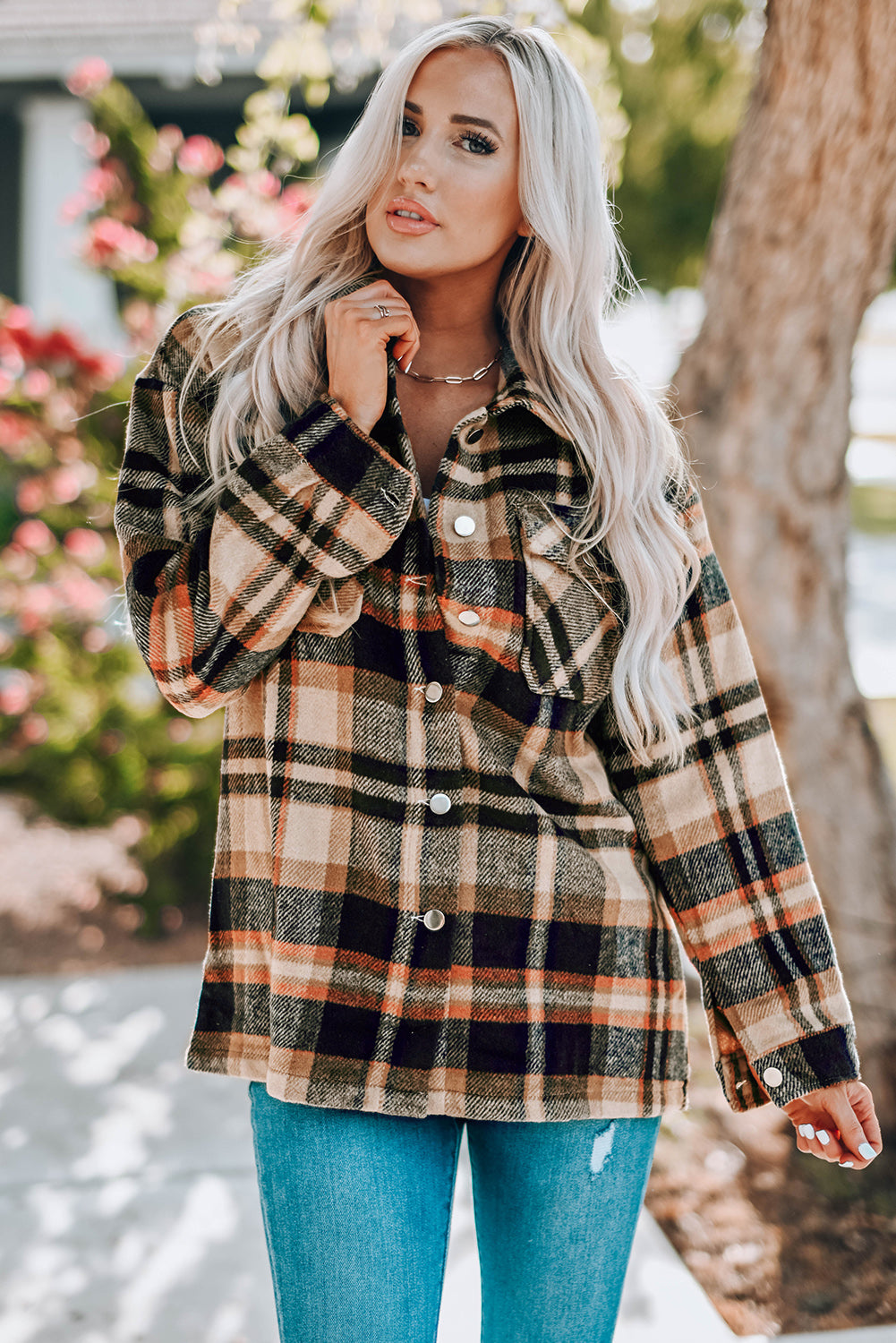 Blue Geometric Plaid Print Pocketed Shacket