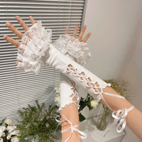 Lace Ruffle Lolita Lace Gloves Bowknot Strapping Black White Y2k Fingerless Mittens Mesh Japanese Mittens Cosplay Accessories