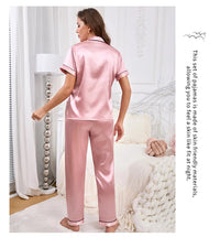 Women's Pajamas Sets Autumn Short Sleeve Buttons Top & Pants Sleepwear 2 Piece Button-Down Pj Set Homewear Satin Loungewear