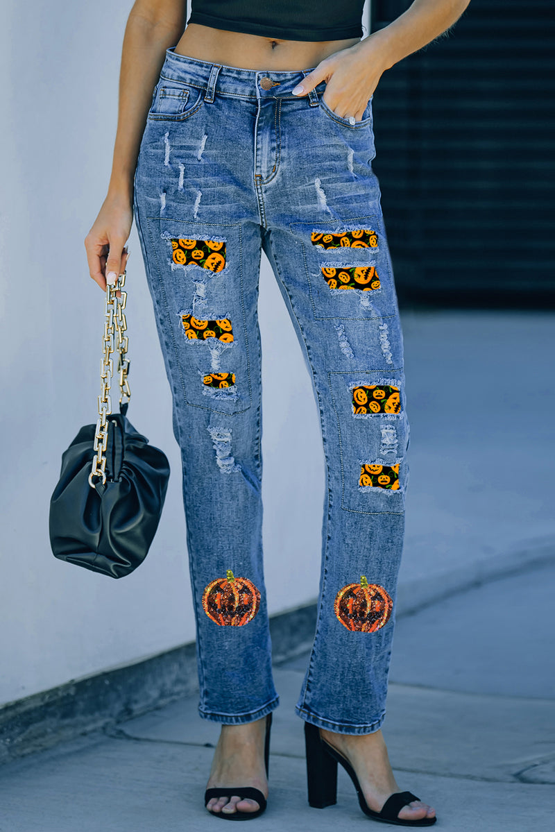 Sky Blue Halloween Pumpkin Patchwork Distressed Straight Leg Jeans