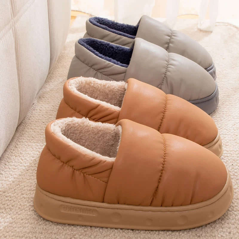 Feslishoet Men Winter Cotton Slippers Waterproof Anti Slip Thick Bottom Shoes Couple Home Use Plush Cotton Slippers Women