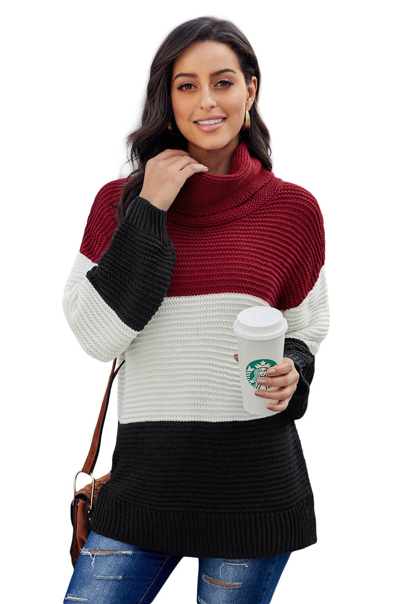 Black Turtleneck Color Block Pullover Sweater