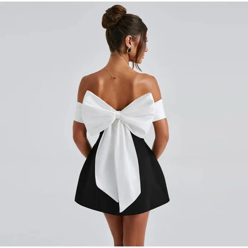 Elegant Back Big Bow Decoration Mini Dress Fashion Off Shoulder High Waist Sleeveless Backless Dresses Autumnm New Party Gowns