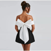 Elegant Back Big Bow Decoration Mini Dress Fashion Off Shoulder High Waist Sleeveless Backless Dresses Autumnm New Party Gowns