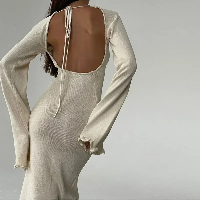 Elegant Solid Ruffles Knitted Dress For Women Loose O Neck Long Trumpet Sleeve Maxi Dresses 2024 New Female White Knitwear