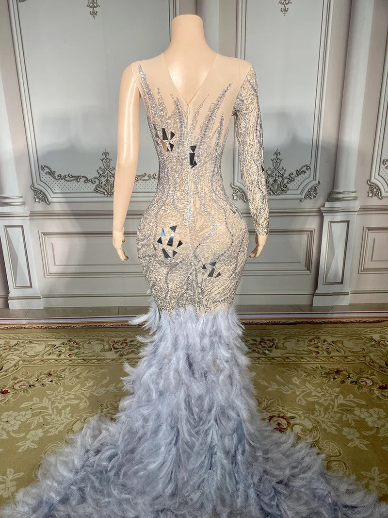 Luxurious Sparkly Feather Tail Dress Women Evening Prom Celebrity Party Birthday Wear Singer Stage Costume Wedding Wedding Dress