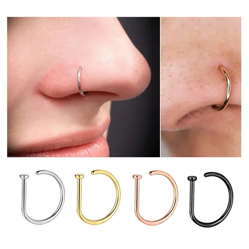 1pc Fake Nose Rings Hoops, Hypoallergenic Stainless Steel D Shape Nose Clip Piercing Jewelry for Women Men