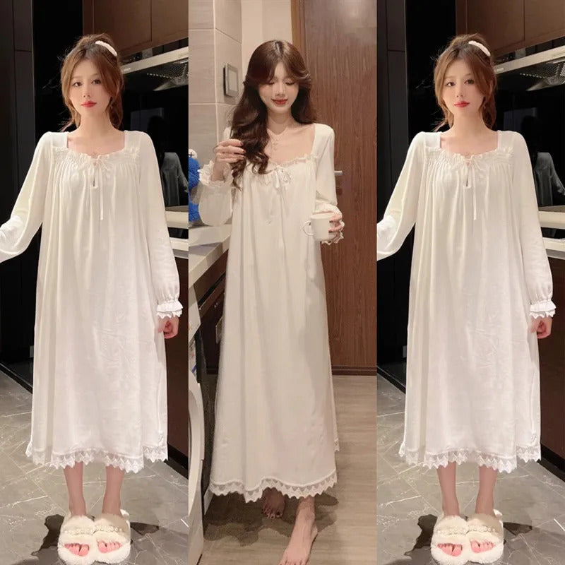 Long-Sleeved Princess Style Nightgown Loose Large Size Can Be Worn Outside the Home Wear Summer Women's Pajamas Lace White Korea