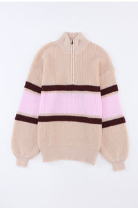 Apricot Striped Color Block Knit Zip Collared Sweater