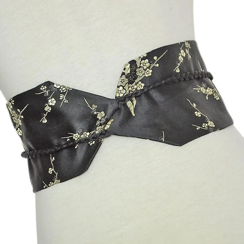 Women's Wide Corset Waist Belt Bow Tie Wrap Around Peach Flower Silk Embroidery for Dress Plus Size