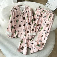 100% Cotton Pajamas for Women Loose Cartoon Long Sleeve Pants Loungewear Women 2 Piece Set Pj Women Outfit Sleepwear Set Pijamas