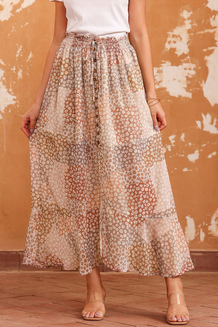 Apricot Boho Flower Print Smocked Waist Button Slit Maxi Skirt