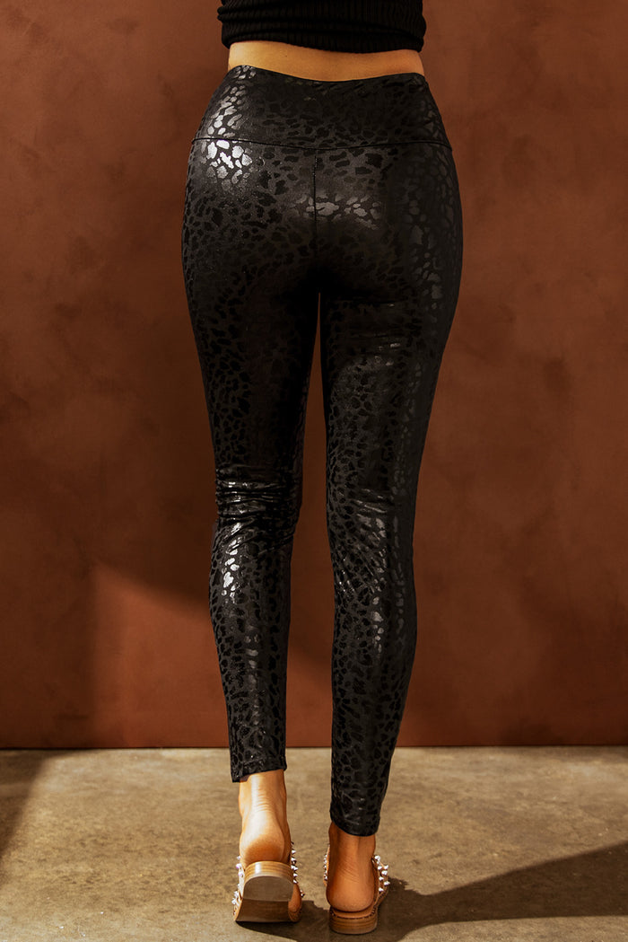 Black Shiny Leopard Textured Leggings