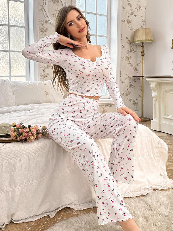 Women's Sleepwear Ditsy Floral Print Lettuce Trim PaJamas Set  Elastic Waistband  Loungewear Full Sleeve Nightwear