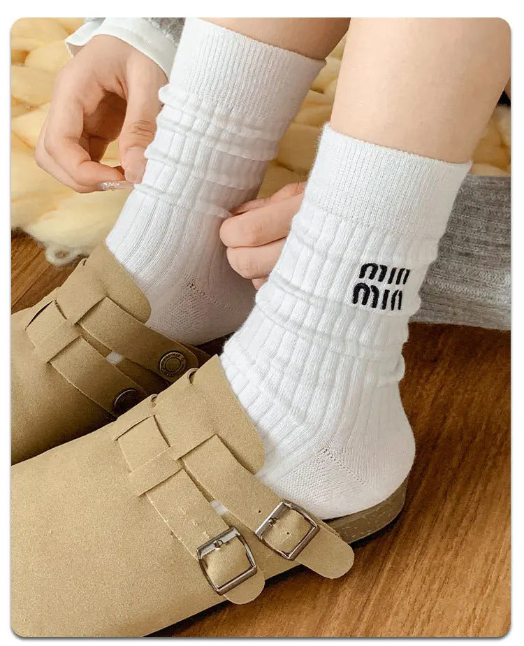 Stockings Socks Embroidered Letter Women's High Barrel Striped Double Needle Stacked Socks Birthday Gift