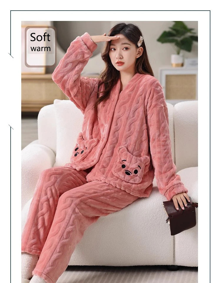 Thickened Warm Coral Velvet Pajamas Women's Autumn and Winter Padded Cartoon Bear Striped Flannel School Pajamas Winter Homewear