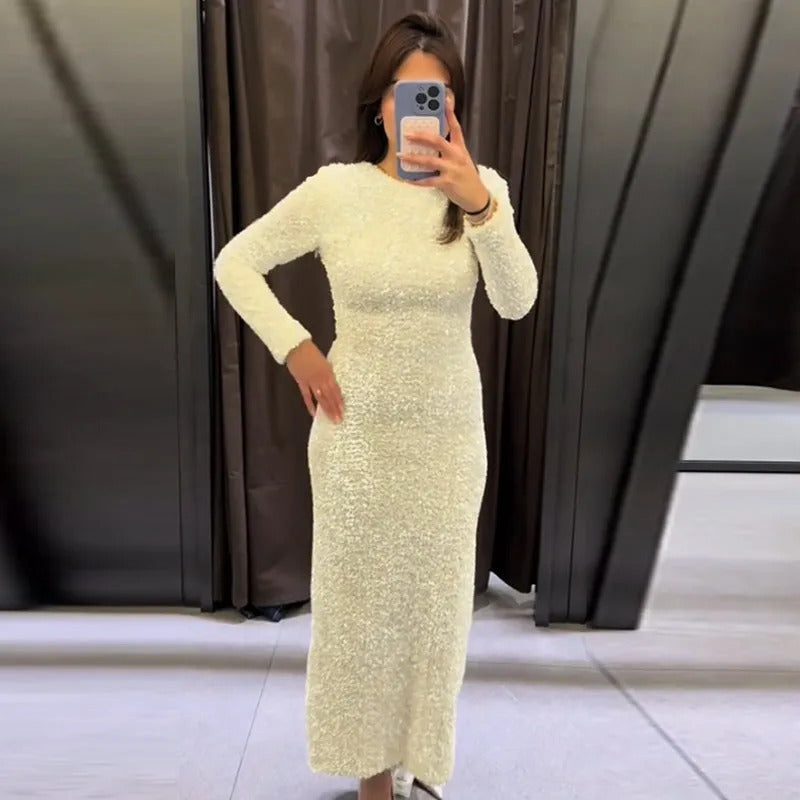 Elegant Sequined Solid Women Dresses Full Sleeve O Neck Lady Maxi Dress 2024 Fashion Sexy Party Evening Straight Female Vestidos