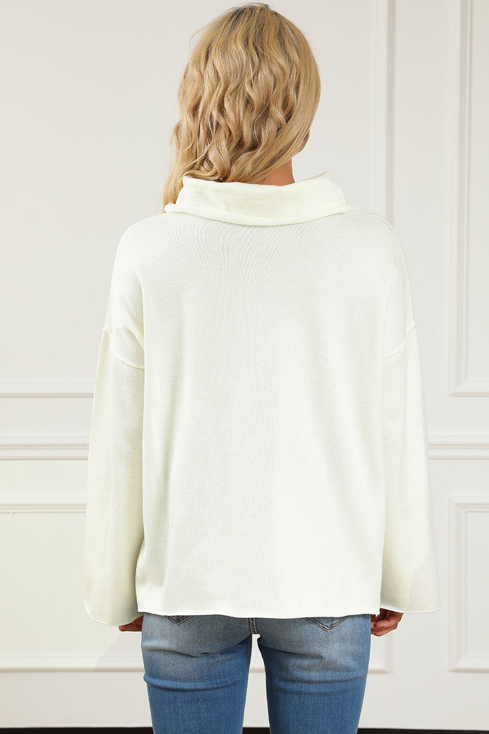 White Expose Seam Turtle Neck Side Slit Oversized Sweater