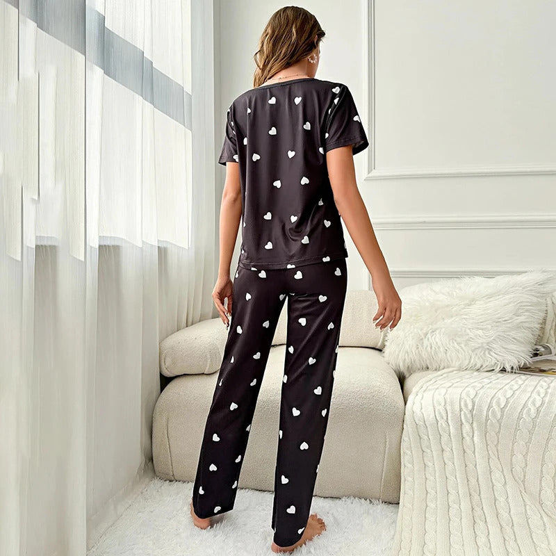 Women's Pajama Set Casual Heart print T-Shirt With Pants Sleepwear Loungewear Nightwear 2 Piece Sets Pijama Pajamas for women