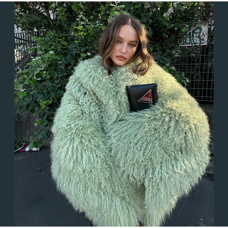 Oversize Green Faux Fur Short Jacket Coat Women Warm Thickened Fluffy Loose Long Sleeve Cardigan 2024 Winter Lady Street Outwear