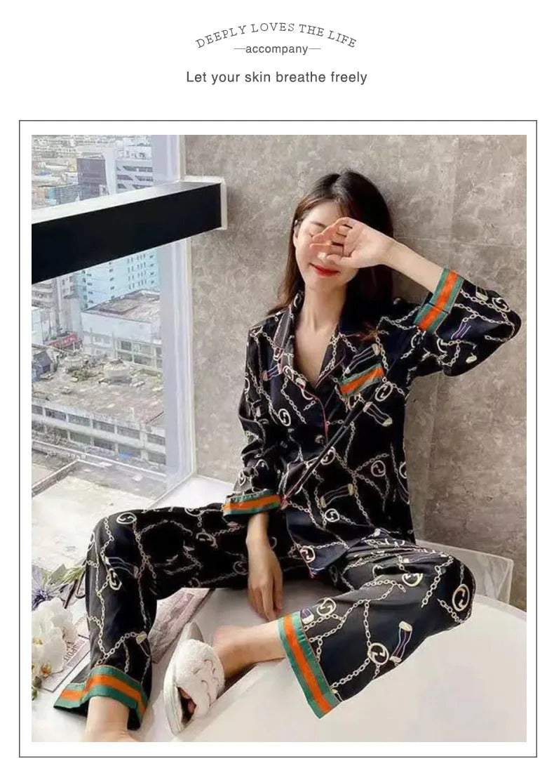 Women Plus Size Pajamas Silk Long Sleeve School Loungewear Two-Piece Fashion Webbing Chain Pattern Trouser Set Sexy Sleepwear