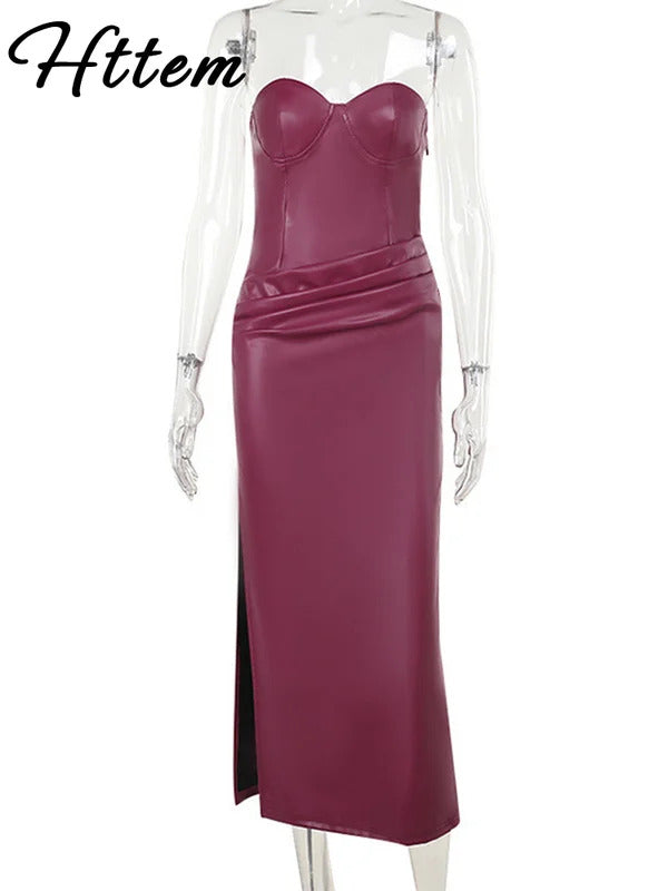 Sexy Pu Leather Maxi Dresses Women Burgundy Sleeveless Backless Hip Package Split Strapless Dress Female 2024 Lady Party Robes