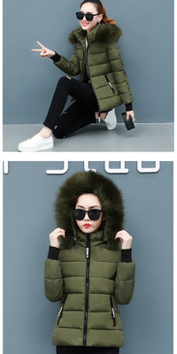 Zipper Fur Hooded Short Down Cotton Jacket Thickened Coat Fall Winter Casual Elegant Long Sleeve Warm Pockets Women Clothing New