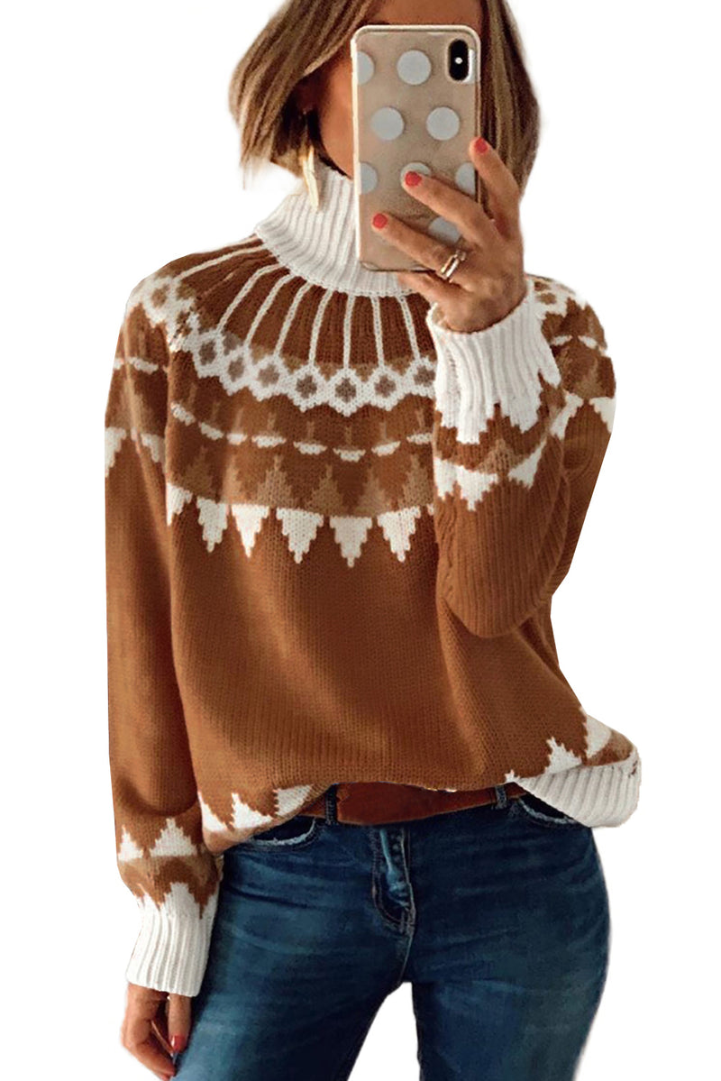 Apricot High Neck Printed Knit Sweater