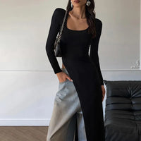 Woman Clothing Long Sleeve High Slit Black T-shirt Dress Y2K Streetwear 2024 Fall Ladies High Waist Slim Irregular Long Dresses