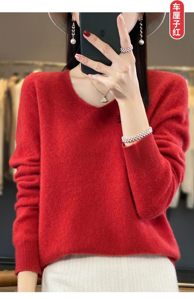 100% pure wool cashmere sweater women's V-neck pullover casual knit top autumn and winter women's coat Korean fashion