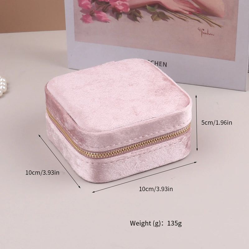 Velvet Jewelry Box For Women Geometric Sqaure Jewelry Storage Case Necklace Ring Earrings Travel Portable Zipper Boxes