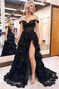 Jessica Black Glitter Prom Dresses Luxury Lace Embroidery Evening Dress Vestidos De Fiesta Side Slits Party Dress Customized