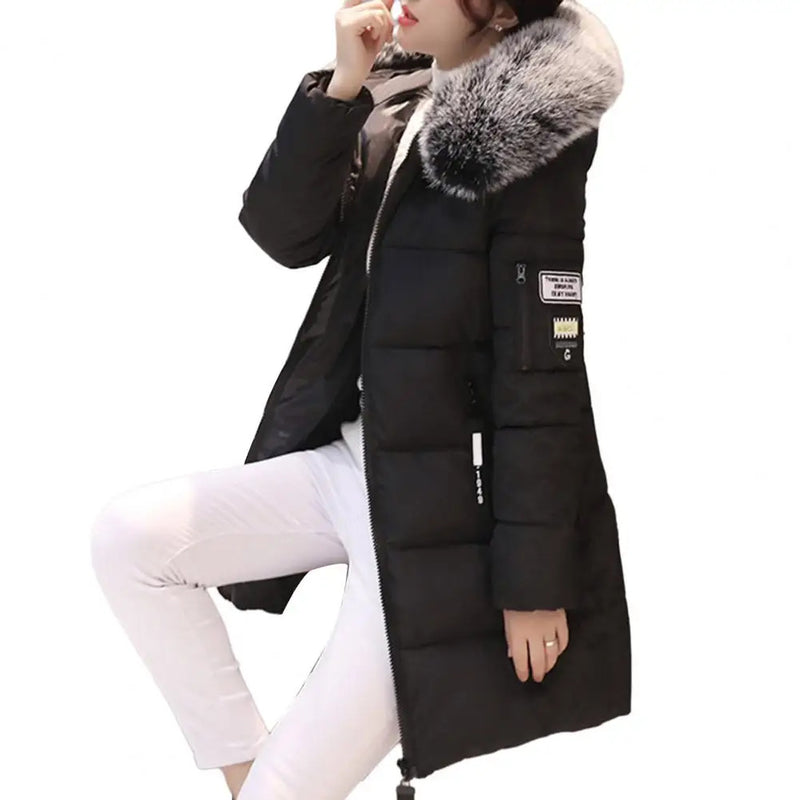 Fashion Women Winter Cotton Coat Parka Thickened Padded Stuffed Hooded Mid Length Warm Zip Up Slim Lady Down Coat Long Overcoat