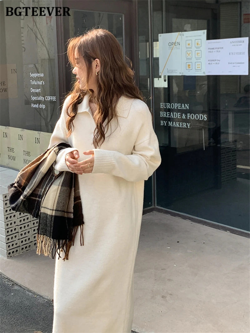 BGTEEVER Casual Thicken Warm Loose Sweater Dress Women Autumn Winter Lapel Full Sleeve Solid Long Knitted Dress Female vestidos