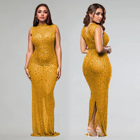 CM.YAYA 2024 Fall Diamonds Hot Rhinestones O-neck Women Sleeveless Bodycon Long Dress Birthday Party Evening Prom Maxi Dresses