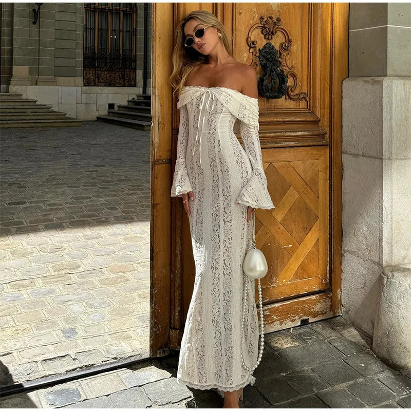 White Floral Lace Off-shoulder Maxi Dress For Women Elegant Strapless Backless Long Sleeve Bodycon Robes 2024 Lady Party Dresses