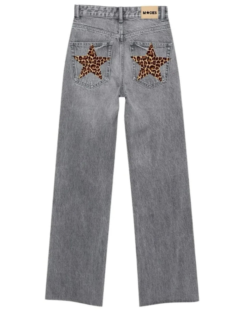 American Jeans Y2K Womens Harajuku Leopard Print Five Pointed Star Graphic Retro Blue Baggy Jeans Pants High Waist Slim Trousers