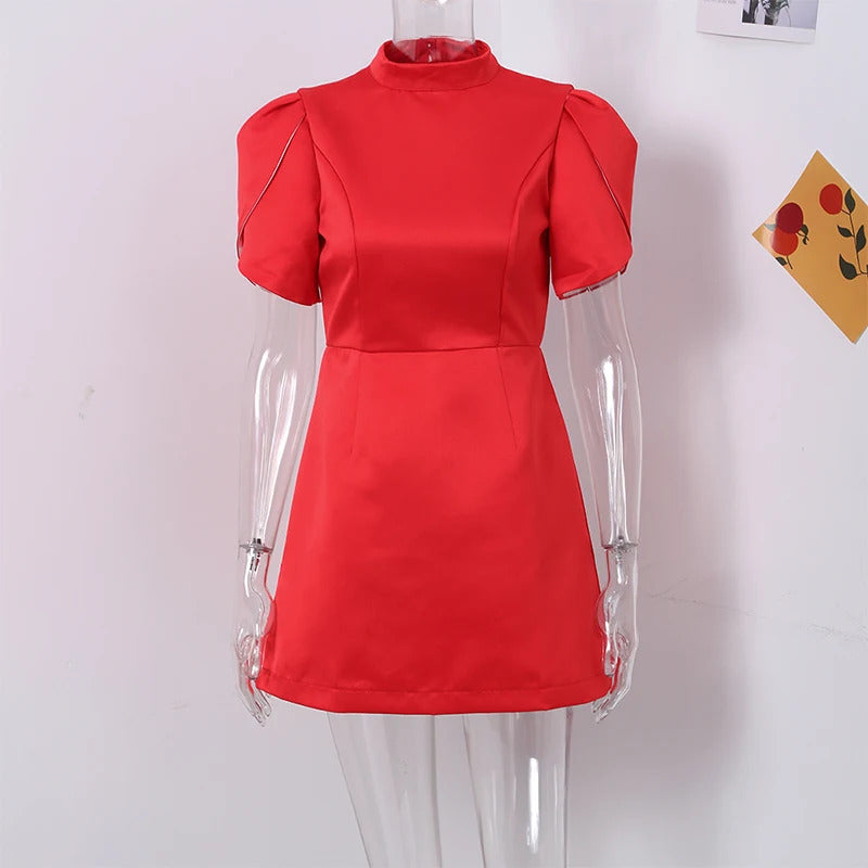 Elegant Bow Hallow Out Mini Dress Women Red O-neck Short Sleeve High Waist A-line Dresses Female 2024 Fashion Party Evening Robe