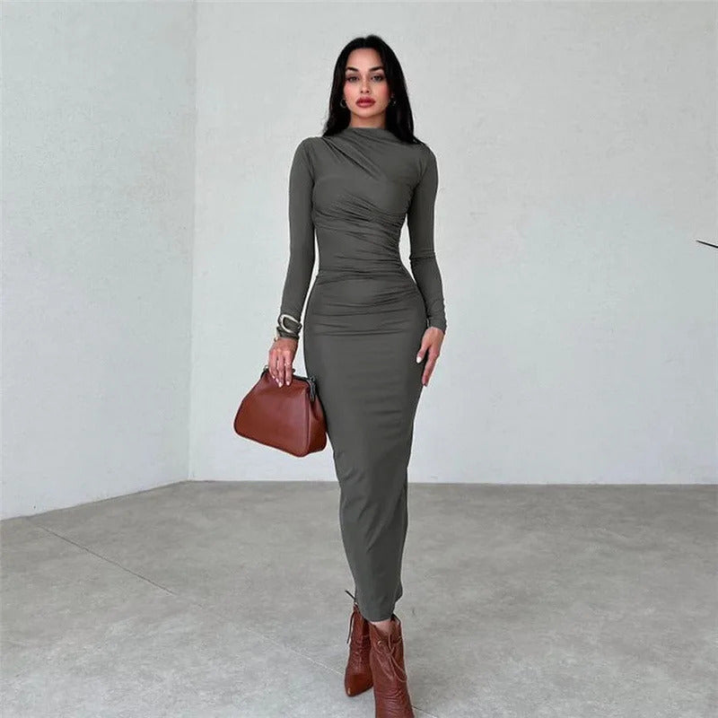 Cryptographic Autumn Elegant Ruched Long Bodycon Dress Fashion Outfits for Women Club Party Slinky Sexy Dresses Birthday Robes