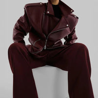 Women Burgundy Leather Double Zipper Motorcycle Jacket Fashion Loose Lapel Long Sleeve Pu Cropped Coats Autumn Female Streetwear