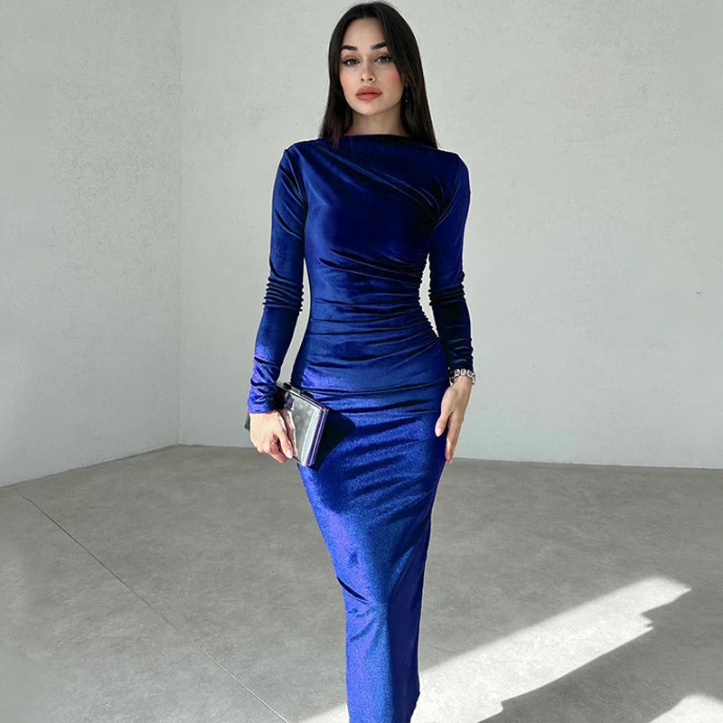 Dulzura Velvet Solid Midi Dress Long Sleeves 2023 Autumn Winter Women'S Outfits Sexy Wholesale Drop Shipping Clubwear Birthday