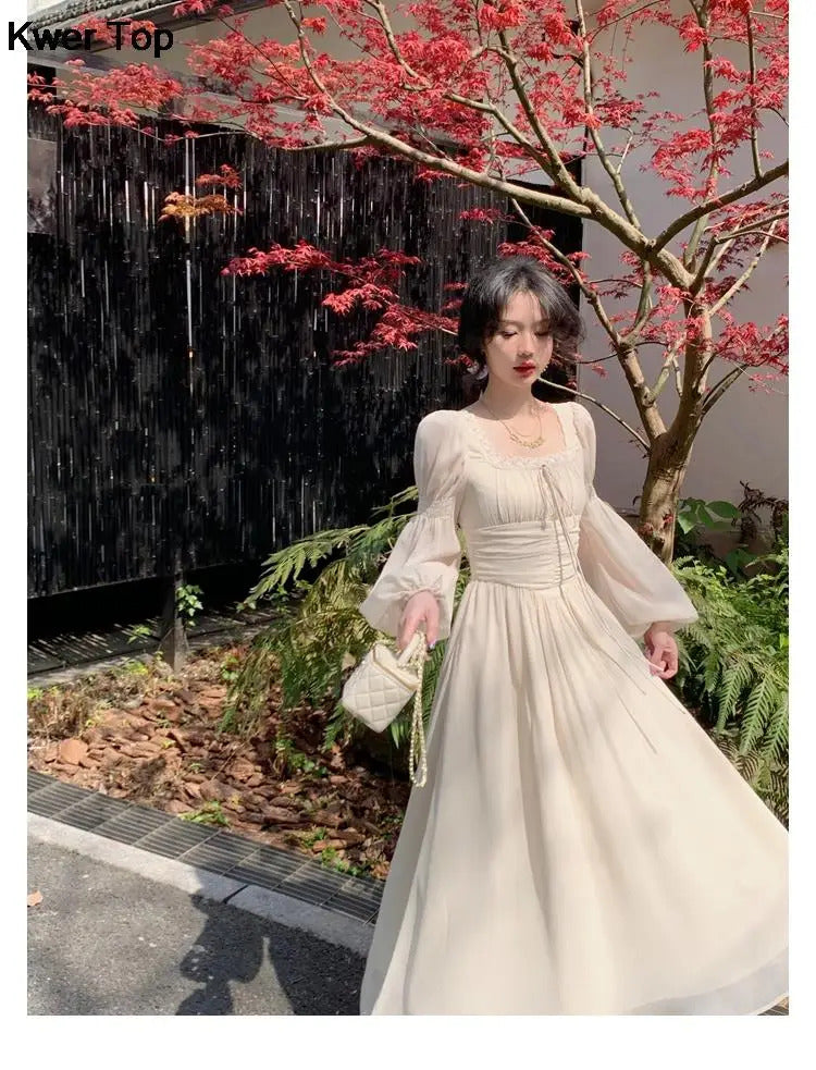 French Elegant Princess Evening Party Midi Dresses for Women Autumn Slim Bandage Long Sleeve Vestidos Korean Spring Clothes