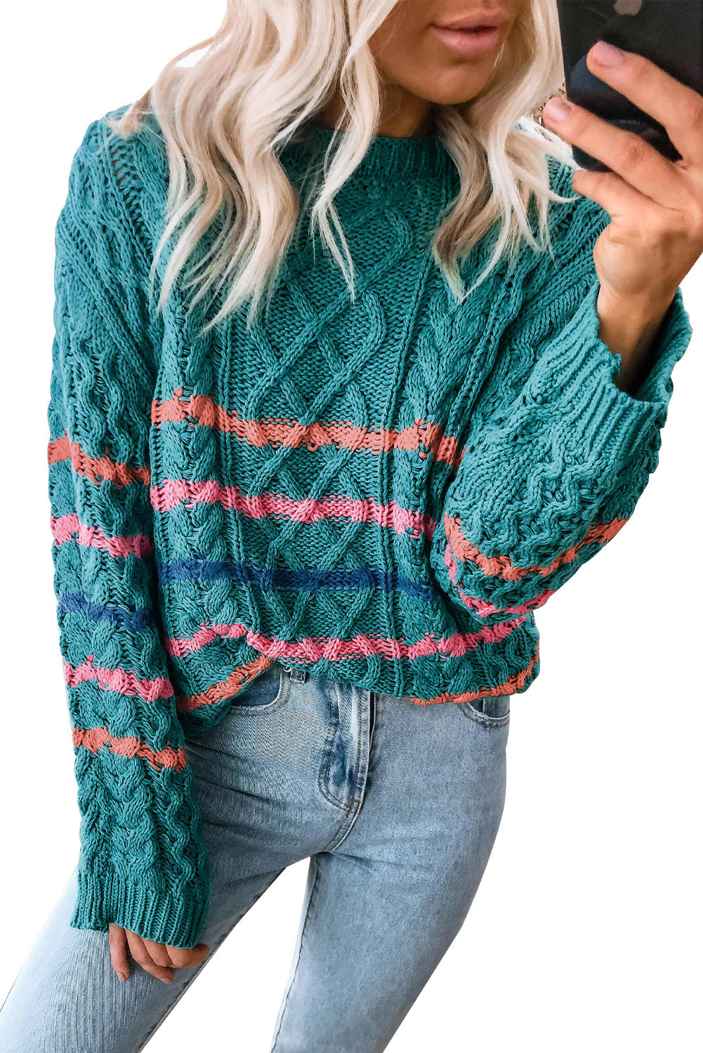 Green Striped Color Block Textured Knit Pullover Sweater