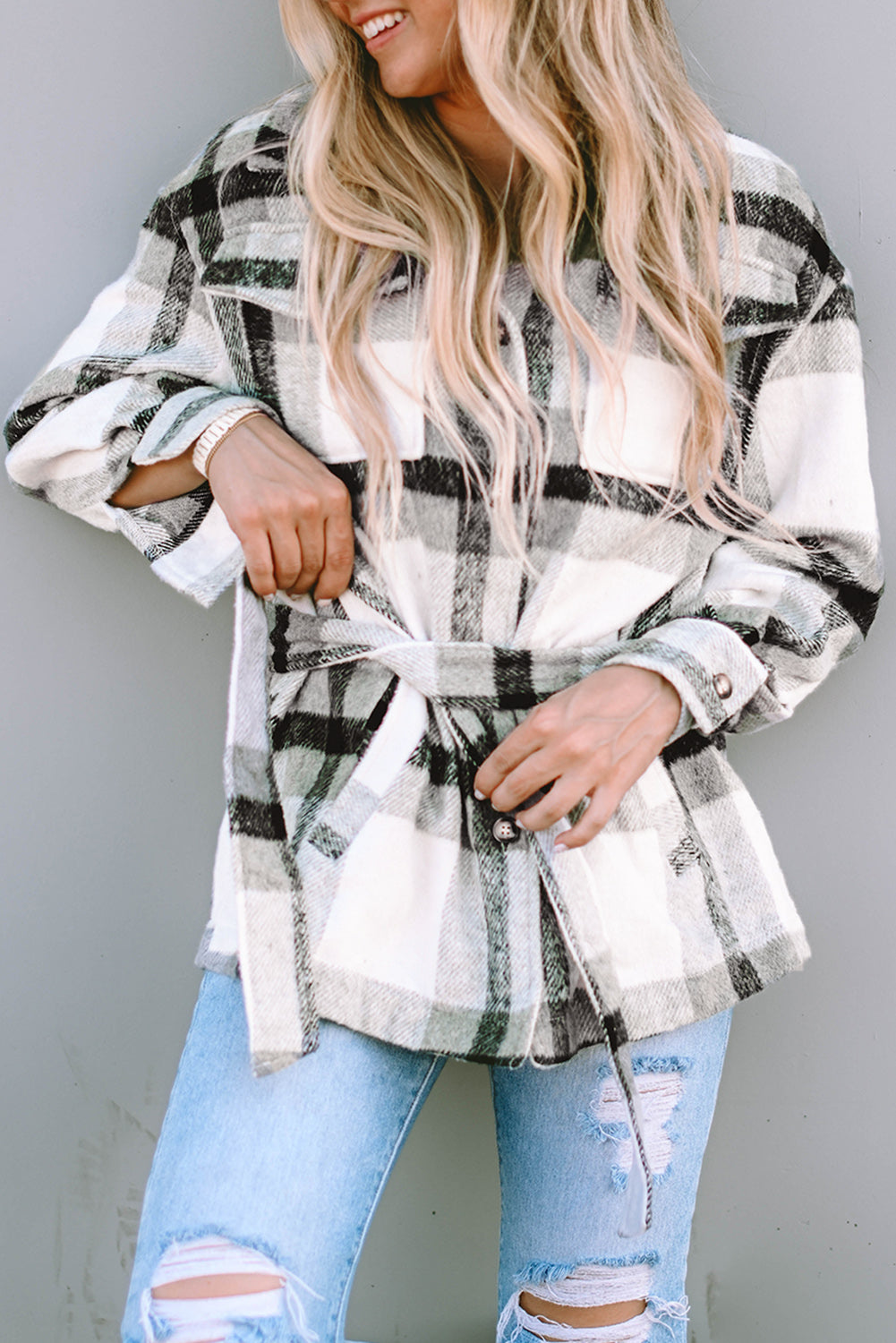 Black Plaid Button-Up Flap Pocket Shacket