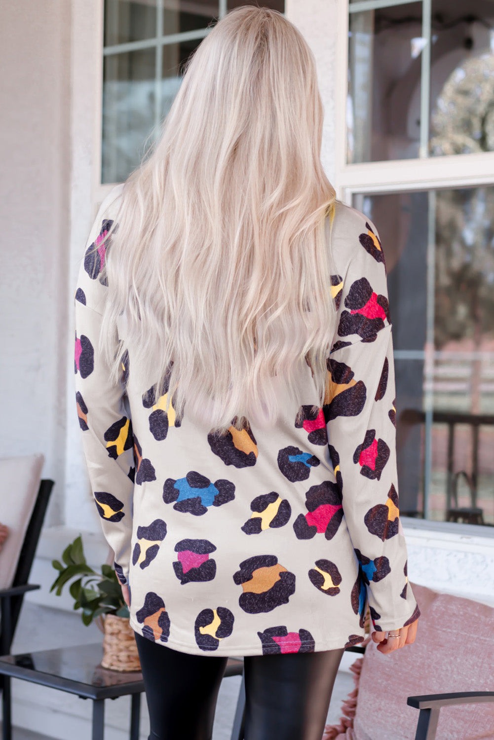 Apricot Colorful Leopard Print V Neck Long Sleeve Top with Slits