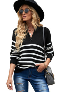 Black Striped Zipper Knit Sweater