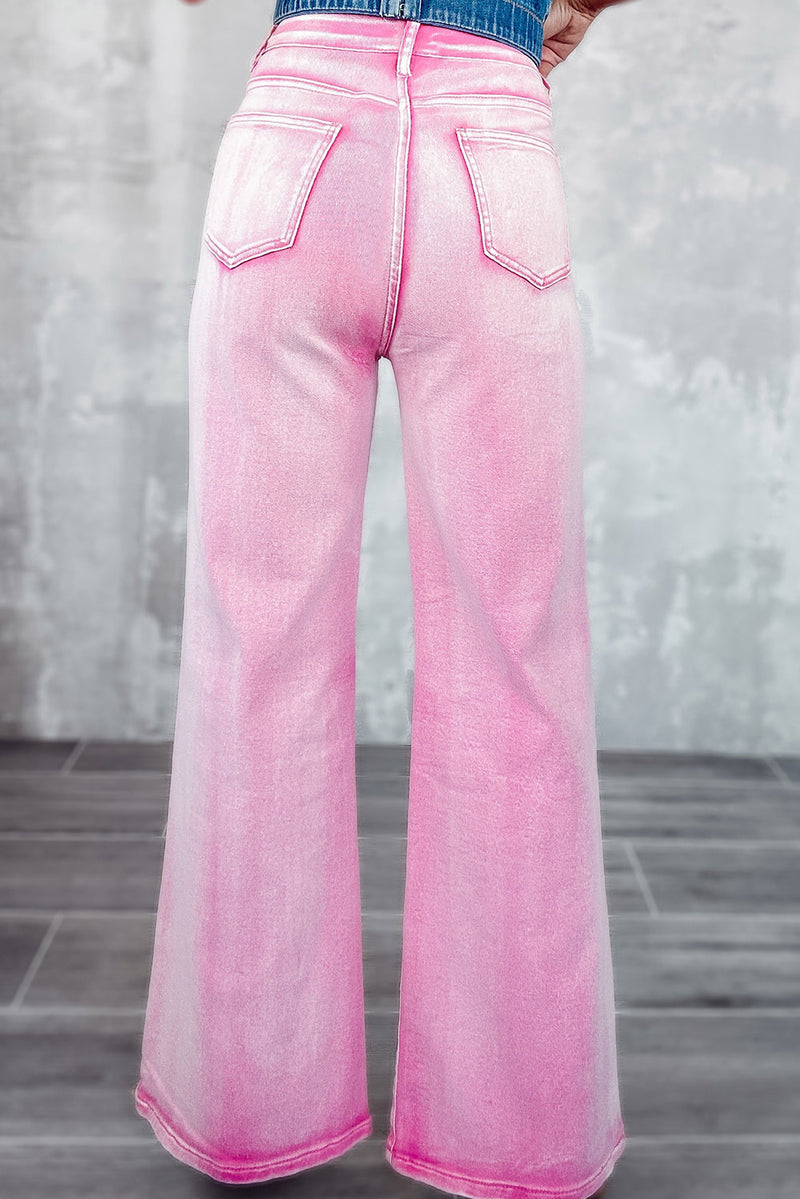 Pink High Waist Rhinestone Cutout Wide Leg Jeans