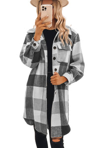 Medium Grey Plaid Button-Down Flap Pocket Long Shacket