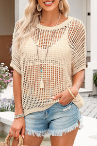 Black Fishnet Knit Ribbed Round Neck Short Sleeve Sweater Tee